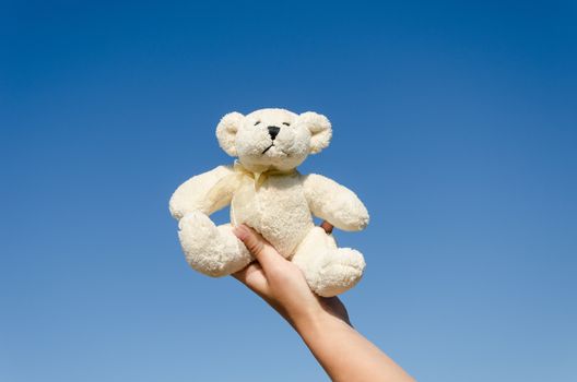 small cute fluffy teddy bear toy in hand on blue sky background