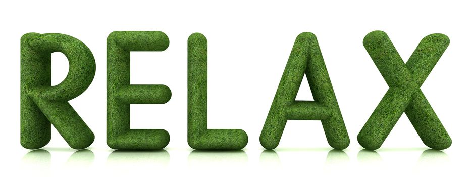 word "Relax" from the green grass isolated on white background. 3d illustration