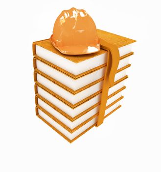 Stack of leather technical book with belt and hard hat on white background 