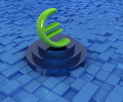 Euro sign on podium. 3D icon on abstract urban background 