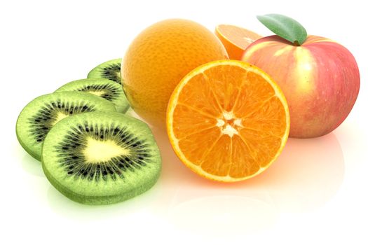 slices of kiwi, apple, orange and half orange on a white 