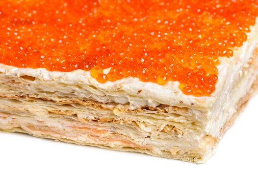 closeup of layered pie made with red caviar