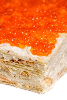 closeup of layered pie made with red caviar