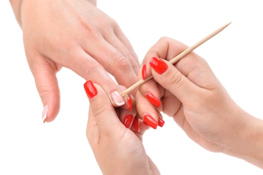 beauty salon, manicure applying, cleaning the cuticles