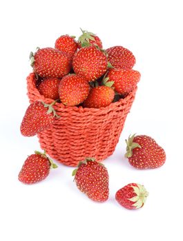 Fresh Ripe Forest Strawberries in Red Wicker Basket isolated on White background