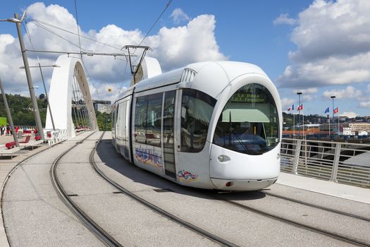 Tramway on a bridge, Lyon, France.