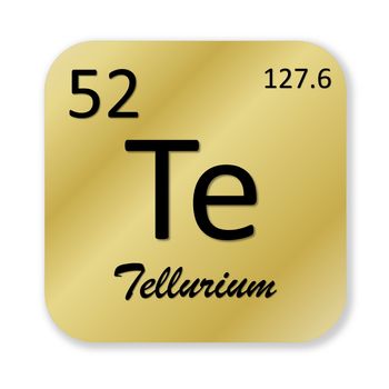Black tellurium element into golden square shape isolated in white background