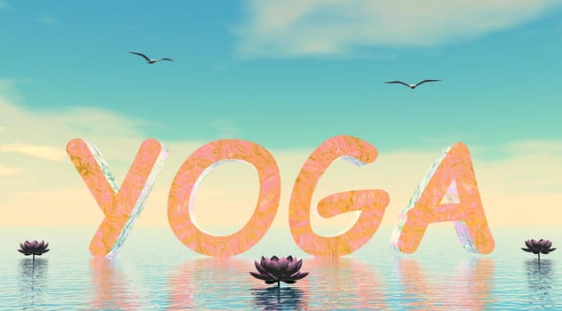 Yoga letters upon water next to lily flowers by beautiful day with seagulls