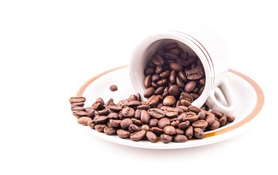 the roasted coffee beans in the cup on the white background