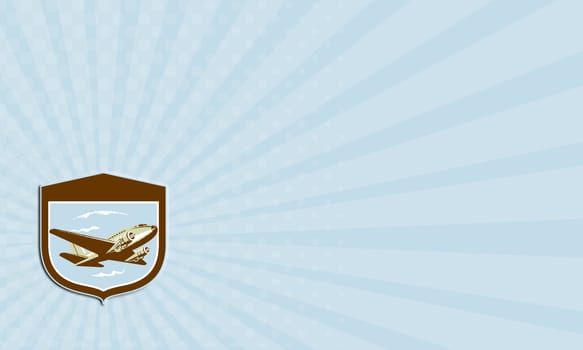 Business card showing illustration of a DC10 propeller airplane airliner on flight flying set inside shield crest shape on isolated background done in retro style.