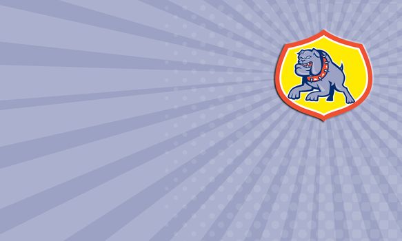 Business card showing illustration of an bulldog dog mongrel attacking set inside shield crest done in retro style on isolated background. 