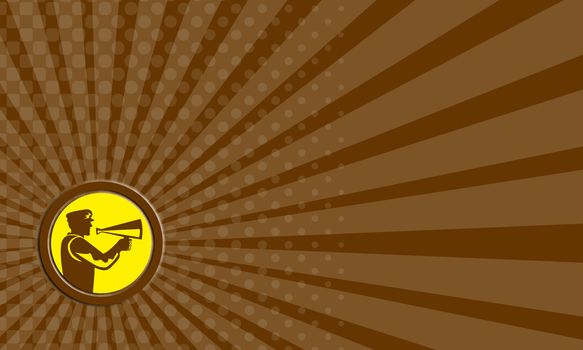 Business card showing illustration of a movie director cameraman shouting using bullhorn set inside circle done in retro style.
