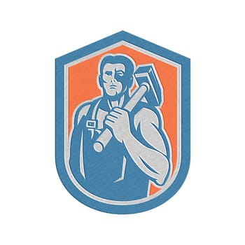 Metallic styled illustration of a blacksmith worker carrying sledgehammer on shoulder set inside a crest shield done in retro style.