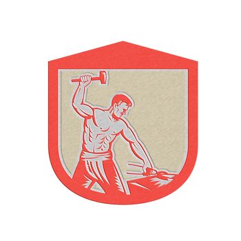 Metallic styled illustration of a blacksmith worker with sledgehammer striking at anvil set inside crest shield done in retro style.