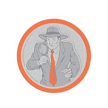 Metallic styled illustration of a detective policeman police officer holding magnifying glass set inside circle on isolated background done in retro style.