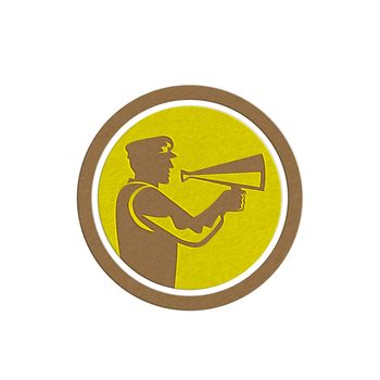 Metallic styled illustration of a movie director cameraman shouting using bullhorn set inside circle done in retro style.
