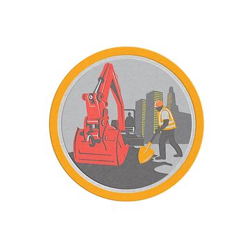 Metallic styled illustration of a construction mechanical digger excavator with construction worker digging with shovel buildings in background set inside circle done in retro style.