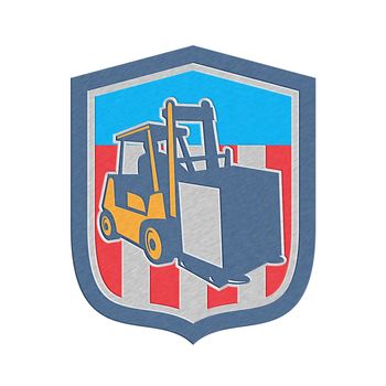 Metallic styled illustration of a forklift truck and driver at work lifting handling box crate done in retro style inside shield crest shape.