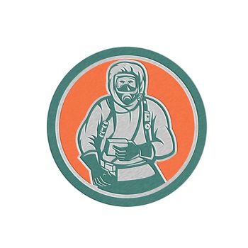 Metallic styled illustration of a hazchem worker wearing suit viewed from front set inside circle on isolated background done in retro style.