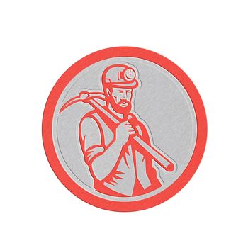 Metallic styled illustration of a coal miner hardhat holding carrying crossed pick axe on shoulder set inside circle done in retro woodcut style on isolated white background. 