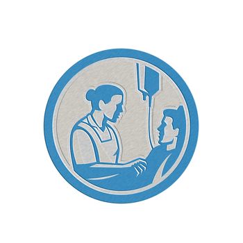 Metallic styled illustration of a nurse tending a sick patient in bed with iv intravenous drip in background set inside circle done in retro style.