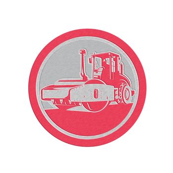 Metallic styled illustration of road compactor road roller viewed from the front on low angle set inside circle done in retro style.