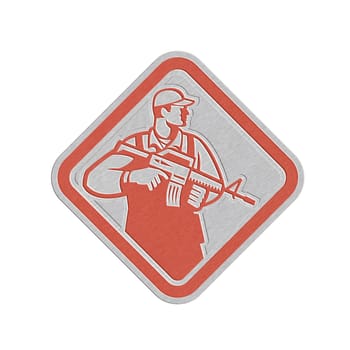 Metallic styled illustration of an soldier serviceman military holding carrying assault rifle facing side set inside shield crest on isolated white background done in retro style