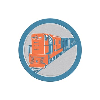 Metallic styled illustration of a diesel train viewed from front set inside circle on isolated white background done in retro style.