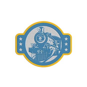 Metallic styled illustration of a steam train locomotive viewed from front set inside circle done in retro style on isolated white background. 