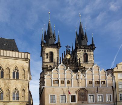 The Church of Our Lady before Tyn (in Czech Kostel Matky Bozi pred Tynem, also Tynsky chram (Tyn Church) or just Tyn) is a dominant feature of the Old Town of Prague, Czech Republic, and has been the main church of this part of the city since the 14th century. The church towers are 80 m high and topped by four small spires.
Prague, Czech republic, Europe.

