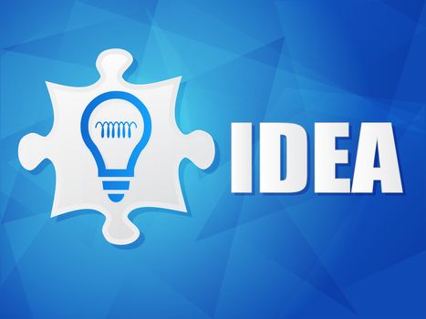 idea and puzzle piece with light bulb sign - white text with symbol over blue background, flat design, business creative concept