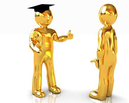 Golden 3D mans in a grad hat and a man on a white background 