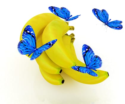 Blue butterflys on a bananas on a white background 