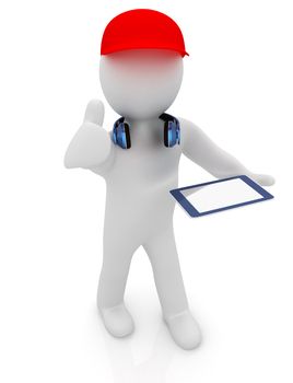 3d white man in a red peaked cap with thumb up, tablet pc and headphones on a white background