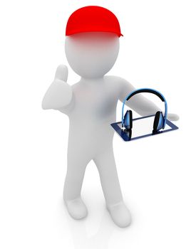 3d white man in a red peaked cap with thumb up, tablet pc and headphones on a white background