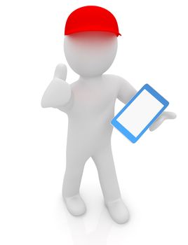 3d white man in a red peaked cap with thumb up and tablet pc on a white background