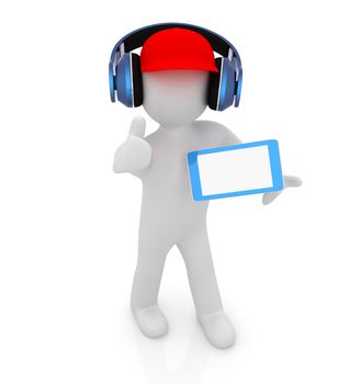 3d white man in a red peaked cap with thumb up, tablet pc and headphones on a white background