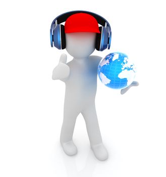 3d white man in a red peaked cap with thumb up, tablet pc and headphones. Global concept with blue earth 