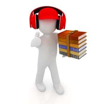 3d white man in a red peaked cap with thumb up, books and headphones on a white background