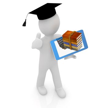 3d white man in a grad hat with thumb up,books and tablet pc - best gift a student on a white background