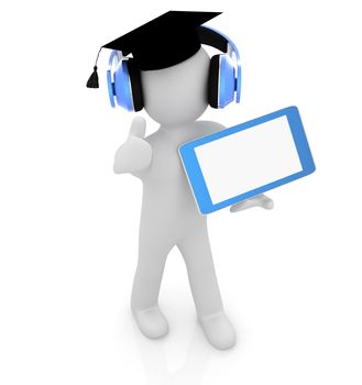 3d white man in a grad hat with thumb up, headphone and tablet pc - best gift a student on a white background