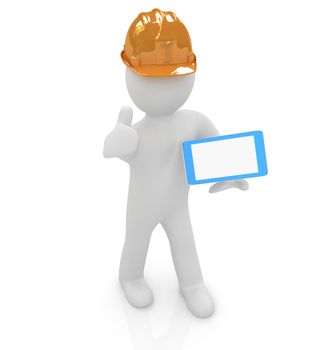 3d white man in a hard hat with thumb up and tablet pc on a white background