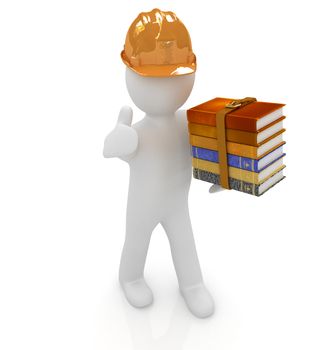 3d man in a hard hat with thumb up presents the best technical literature on a white background