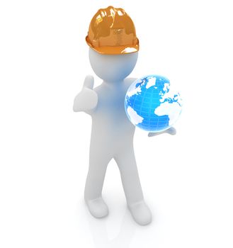 3d man in a hard hat with thumb up presents concept: "My company is building worldwide" on a white background