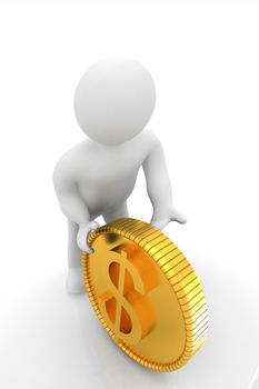 3d small man with gold dollar coin on a white background