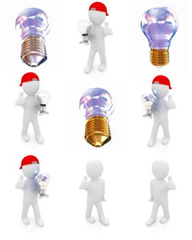 Set of 3d man with energy saving light bulb isolated on white 