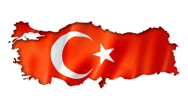 Turkey flag map, three dimensional render, isolated on white