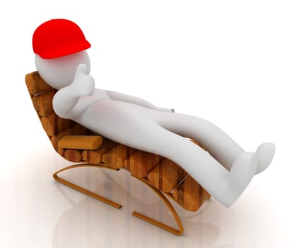 3d white man lying wooden chair with thumb up on white background 