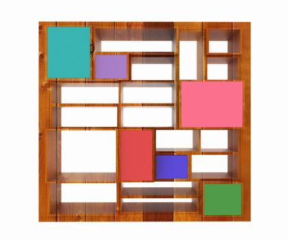 3d isolated Empty wood colorful bookshelf on a white background