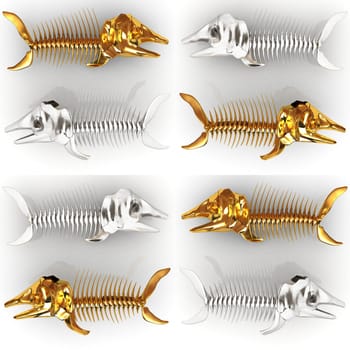 Set of 3d metall illustration of fish skeleton on a white background
